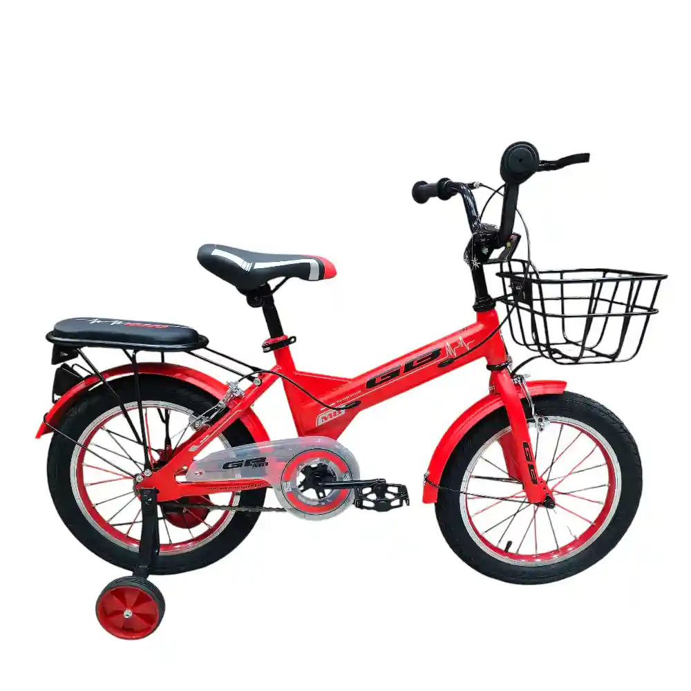 16-inch kids’ bike for ages 4–7 with single-speed design, front basket, rear rack, steel caliper brakes, adjustable quick-release saddle, fenders, and durable one-piece crank. Orange color with 1-year warranty from ABO ELGOUKH & MAXLERZ.