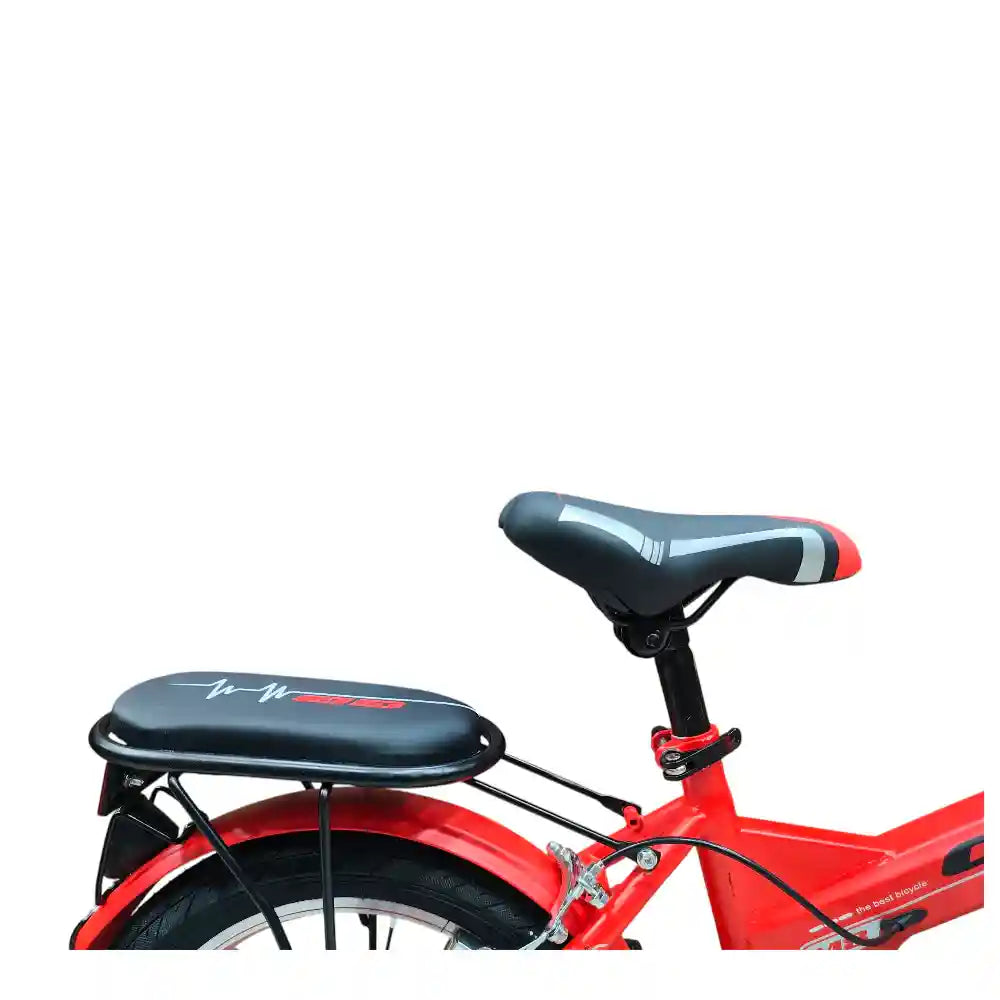 16-inch kids’ bike for ages 4–7 with single-speed design, front basket, rear rack, steel caliper brakes, adjustable quick-release saddle, fenders, and durable one-piece crank. Orange color with 1-year warranty from ABO ELGOUKH & MAXLERZ. – Safqqa Egypt