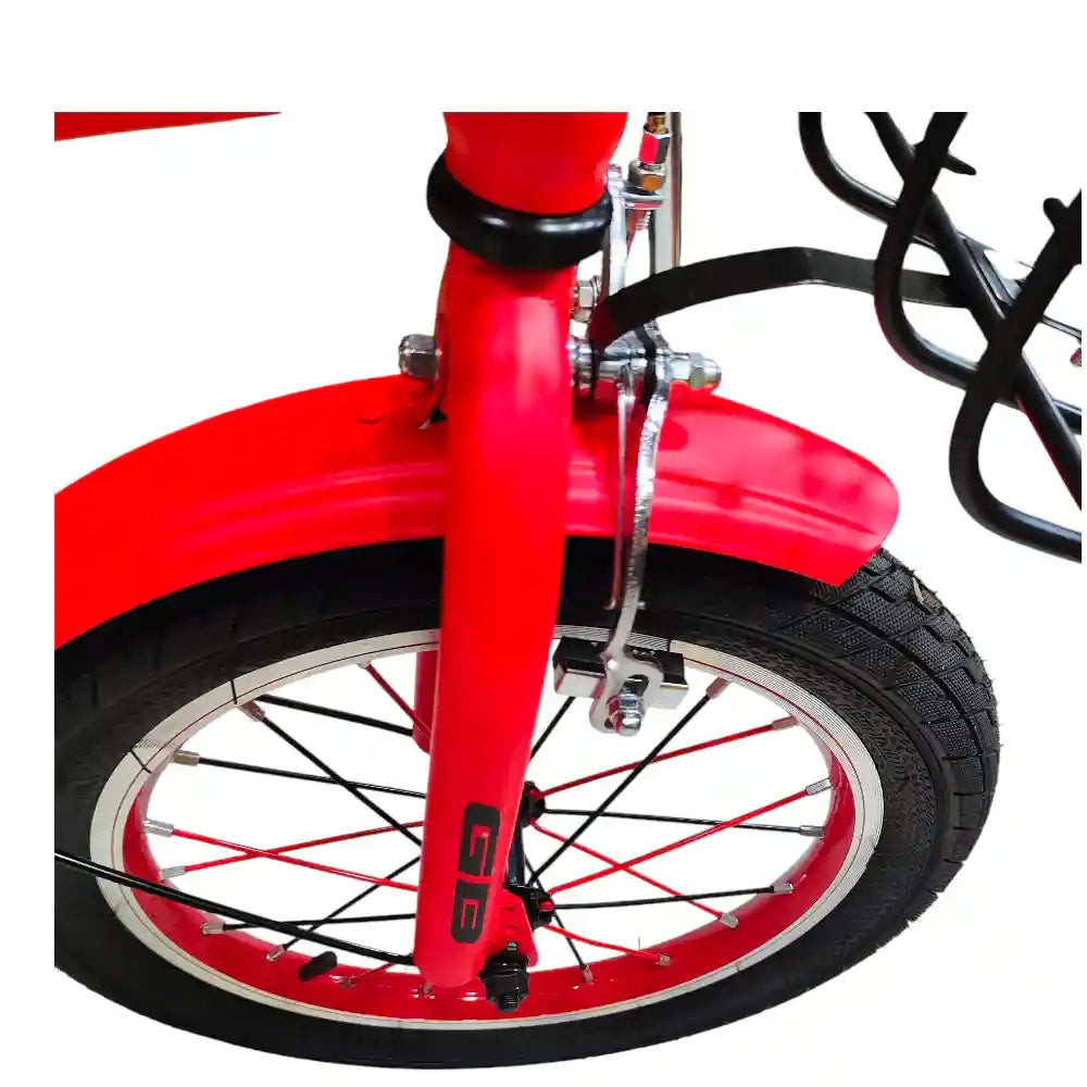 16-inch kids’ bike for ages 4–7 with single-speed design, front basket, rear rack, steel caliper brakes, adjustable quick-release saddle, fenders, and durable one-piece crank. Orange color with 1-year warranty from ABO ELGOUKH & MAXLERZ. – Safqqa Egypt