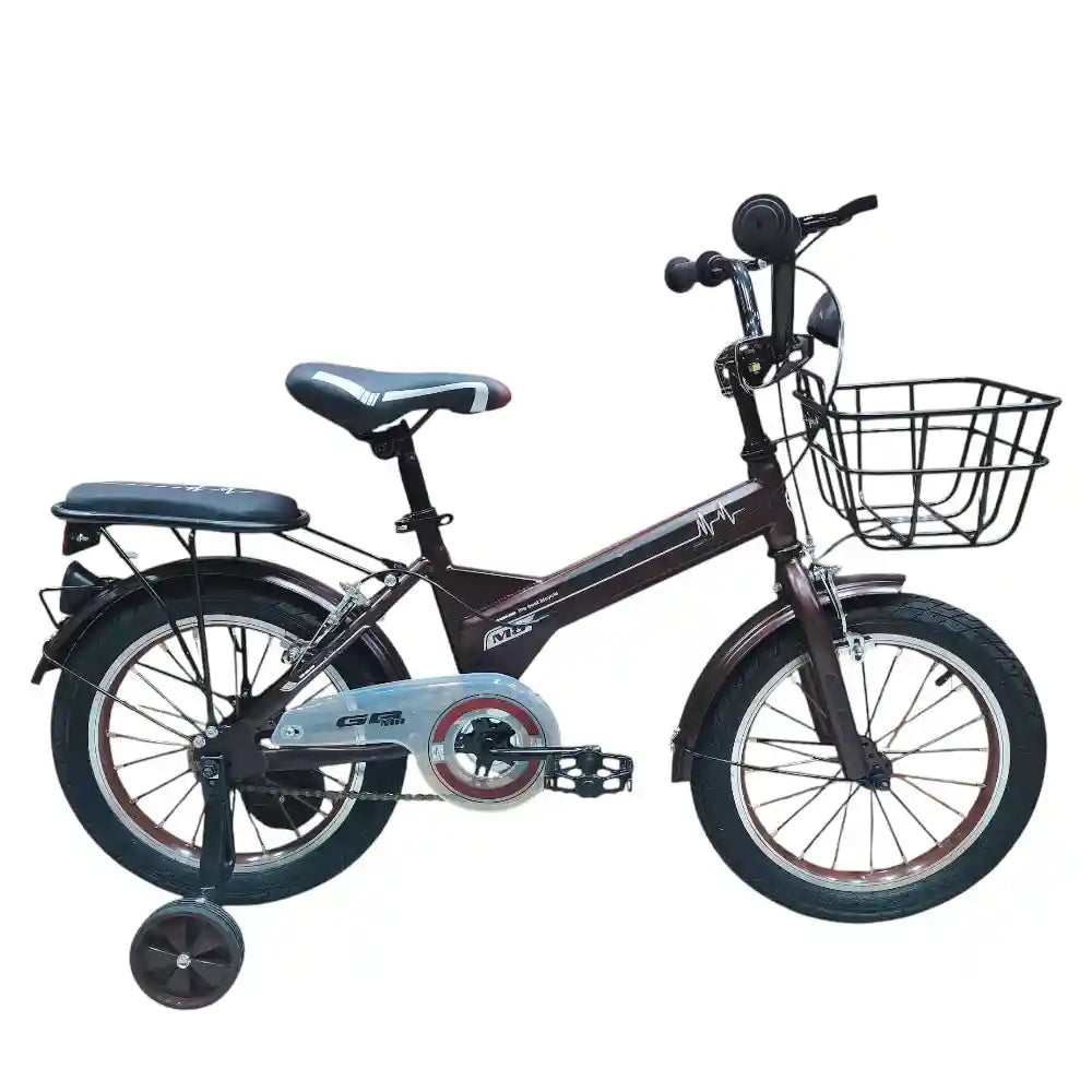 16-inch kids’ bike for ages 4–7 with single-speed design, front basket, rear rack, steel caliper brakes, adjustable quick-release saddle, fenders, and durable one-piece crank. Orange color with 1-year warranty from ABO ELGOUKH & MAXLERZ.