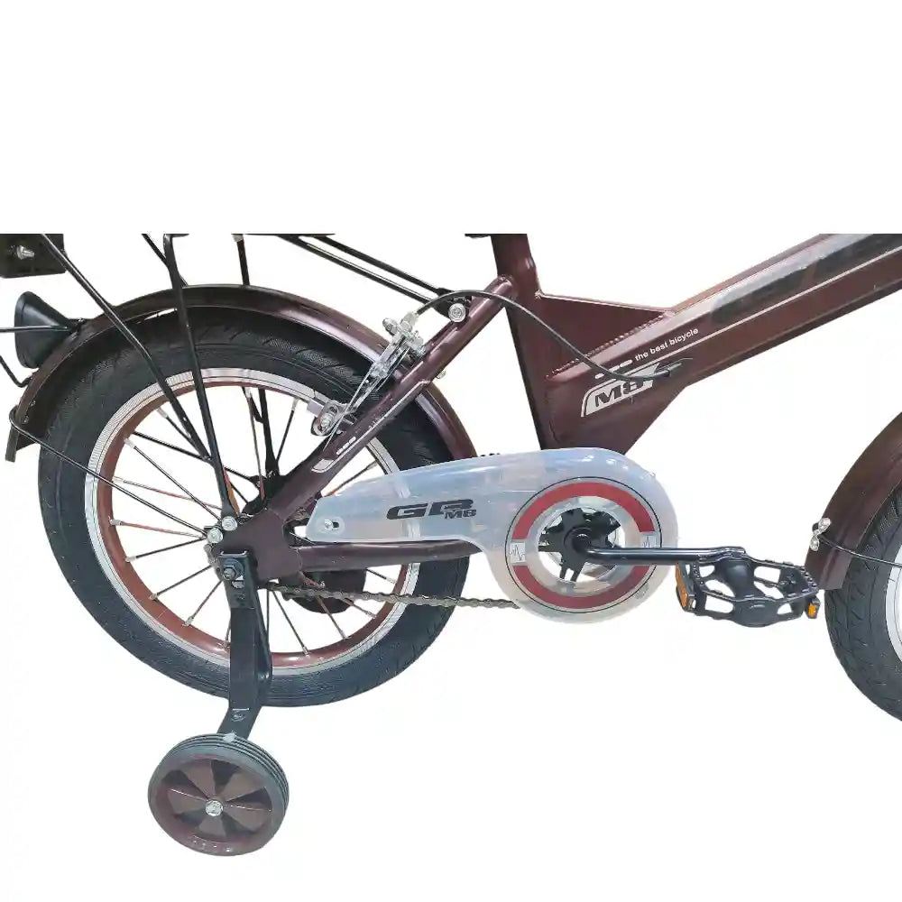 16-inch kids’ bike for ages 4–7 with single-speed design, front basket, rear rack, steel caliper brakes, adjustable quick-release saddle, fenders, and durable one-piece crank. Orange color with 1-year warranty from ABO ELGOUKH & MAXLERZ. – Safqqa Egypt