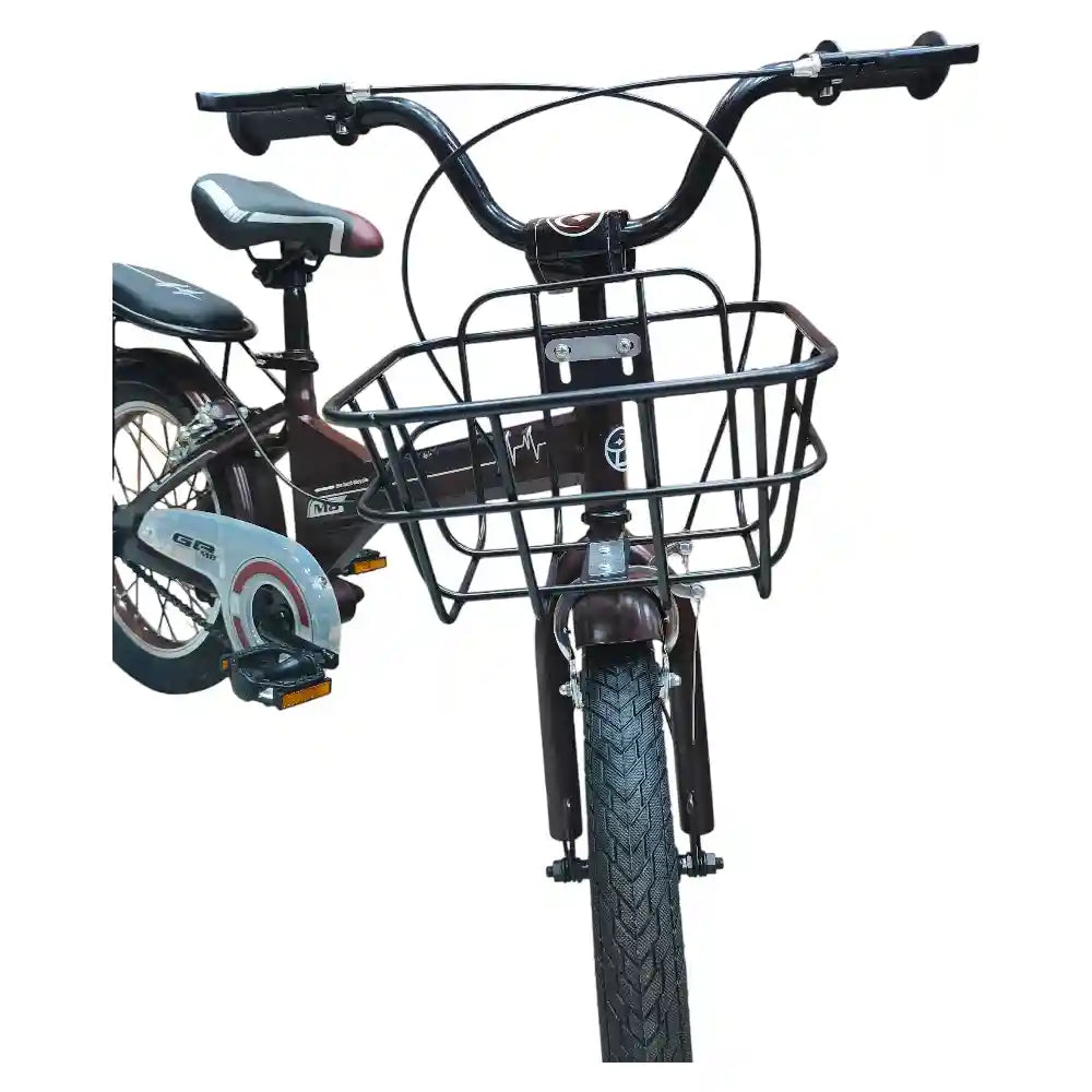 16-inch kids’ bike for ages 4–7 with single-speed design, front basket, rear rack, steel caliper brakes, adjustable quick-release saddle, fenders, and durable one-piece crank. Orange color with 1-year warranty from ABO ELGOUKH & MAXLERZ.