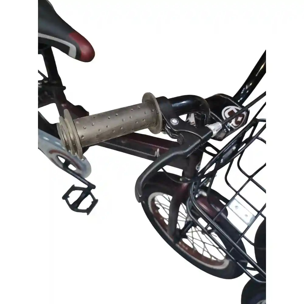 16-inch kids’ bike for ages 4–7 with single-speed design, front basket, rear rack, steel caliper brakes, adjustable quick-release saddle, fenders, and durable one-piece crank. Orange color with 1-year warranty from ABO ELGOUKH & MAXLERZ.