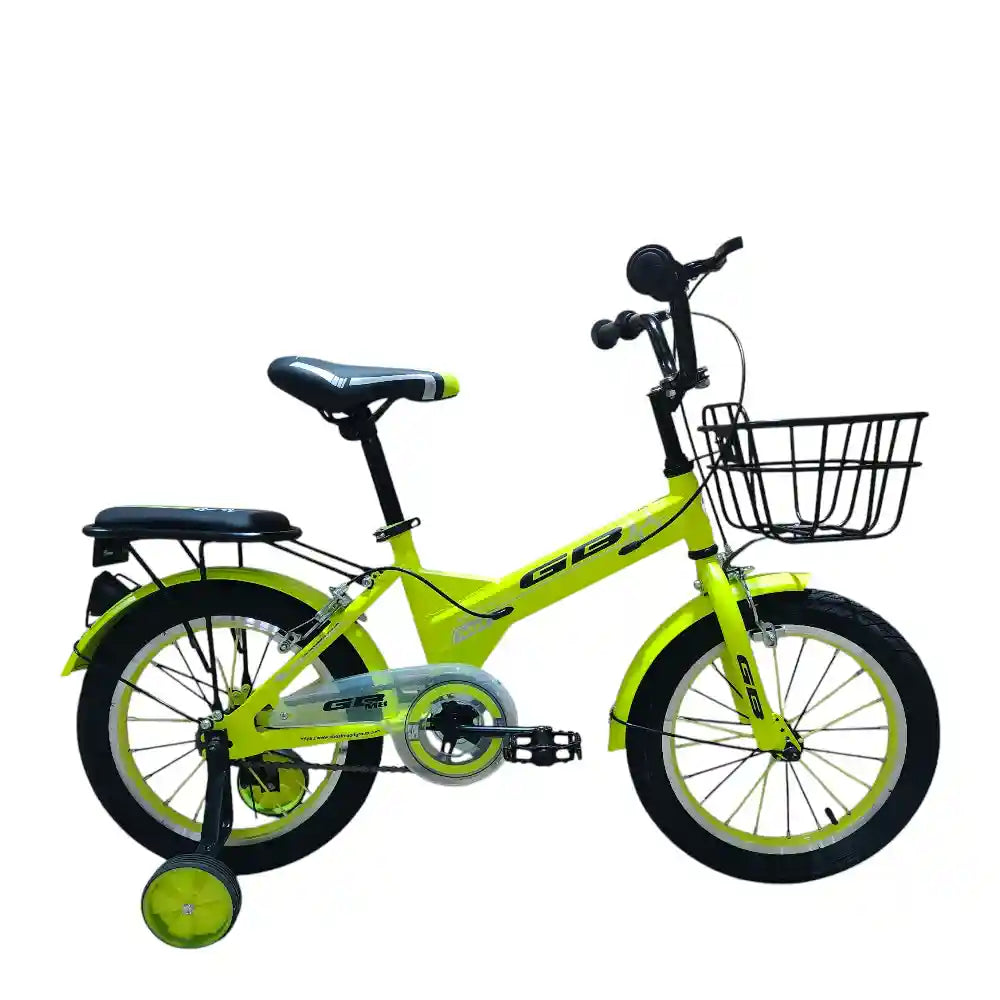 16-inch kids’ bike for ages 4–7 with single-speed design, front basket, rear rack, steel caliper brakes, adjustable quick-release saddle, fenders, and durable one-piece crank. Orange color with 1-year warranty from ABO ELGOUKH & MAXLERZ.