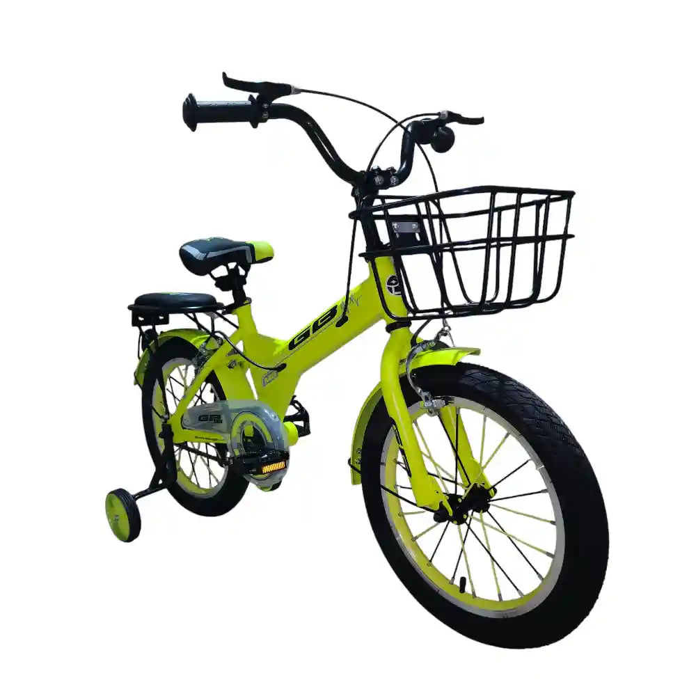 16-inch kids’ bike for ages 4–7 with single-speed design, front basket, rear rack, steel caliper brakes, adjustable quick-release saddle, fenders, and durable one-piece crank. Orange color with 1-year warranty from ABO ELGOUKH & MAXLERZ. – Safqqa Egypt