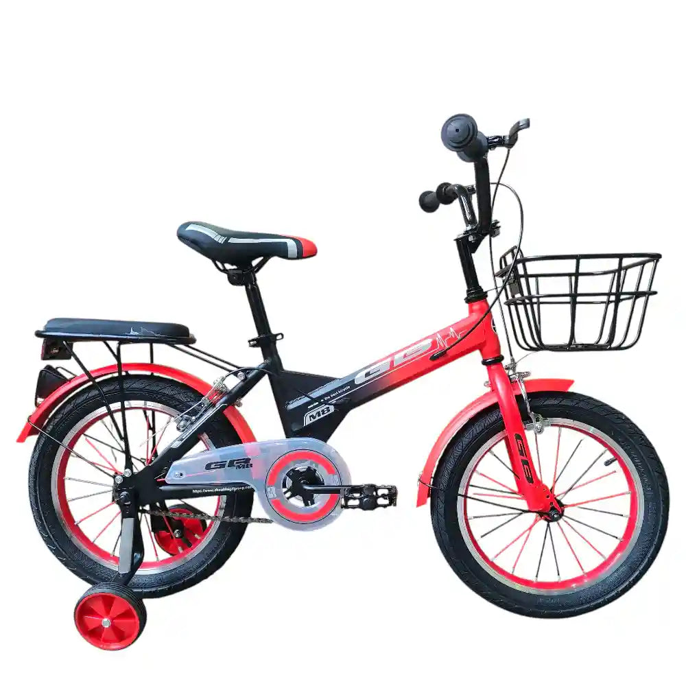 16-inch kids’ bike for ages 4–7 with single-speed design, front basket, rear rack, steel caliper brakes, adjustable quick-release saddle, fenders, and durable one-piece crank. Orange color with 1-year warranty from ABO ELGOUKH & MAXLERZ.