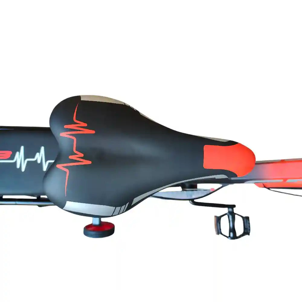 16-inch kids’ bike for ages 4–7 with single-speed design, front basket, rear rack, steel caliper brakes, adjustable quick-release saddle, fenders, and durable one-piece crank. Orange color with 1-year warranty from ABO ELGOUKH & MAXLERZ.