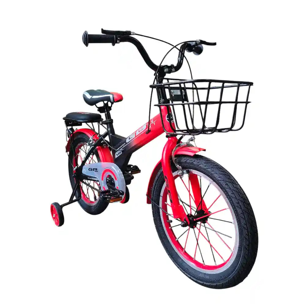 16-inch kids’ bike for ages 4–7 with single-speed design, front basket, rear rack, steel caliper brakes, adjustable quick-release saddle, fenders, and durable one-piece crank. Orange color with 1-year warranty from ABO ELGOUKH & MAXLERZ. – Safqqa Egypt