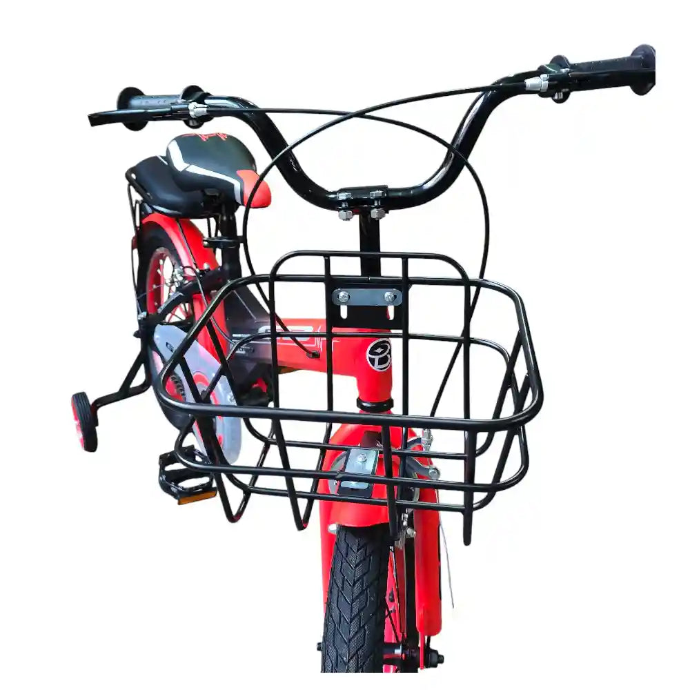 16-inch kids’ bike for ages 4–7 with single-speed design, front basket, rear rack, steel caliper brakes, adjustable quick-release saddle, fenders, and durable one-piece crank. Orange color with 1-year warranty from ABO ELGOUKH & MAXLERZ.