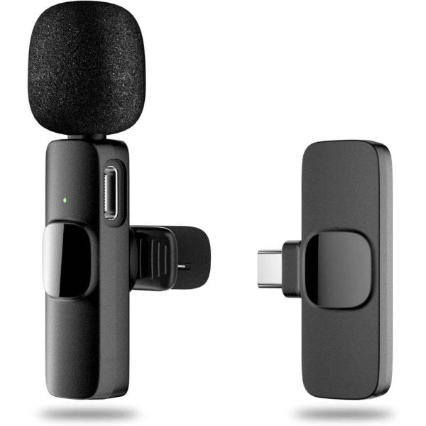 ميكروفون لافالير لاسلكي Keendex KX 3177 بمنفذ Type-C للأندرويد - ميكروفون صغير مع مشبك، تشغيل فوري، مزيل ضوضاء ذكي - أسود