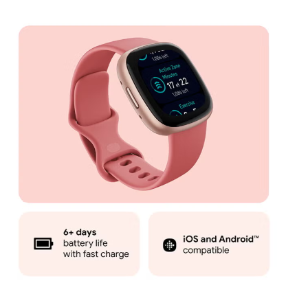 Versa 4, Health & Fitness Smartwatch with Built-in GPS and Up To 6+ Days Battery Life, 6-months Premium Membership Included, compatible with Android and iOS Pink Sand / Copper Rose