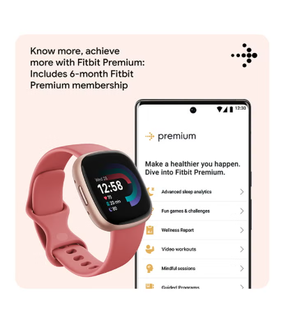 Versa 4, Health & Fitness Smartwatch with Built-in GPS and Up To 6+ Days Battery Life, 6-months Premium Membership Included, compatible with Android and iOS Pink Sand / Copper Rose
