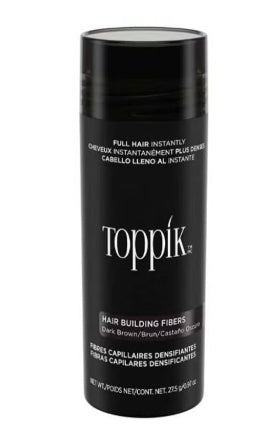 ألياف بناء الشعر من توبّيك باللون البني الغامق بوزن ٢٧٫٥ جرام، تعمل على إخفاء الفراغات فوراً ومنح الشعر مظهراً أكثر كثافة وامتلاء. تحتوي على ألياف كيراتين طبيعية تلتصق بالشعر الموجود لتعطي شكلاً طبيعياً