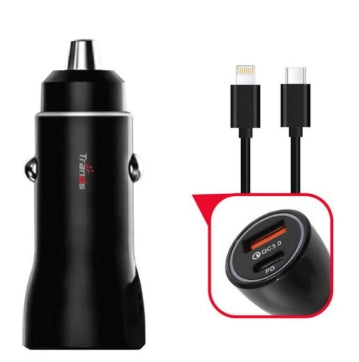 Trands Car Phone Charger With Type-C Lightning Cable Black