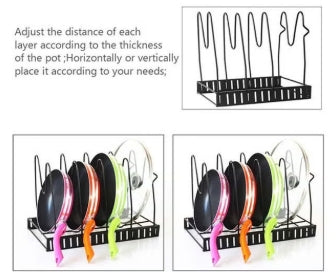 رف تنظيم الأواني ٥ طوابق من جنريك مصمم لتنظيم أدوات المطبخ بطريقة عملية ومرتبة. يمكن استخدامه لحمل القدور والمقالي والأغطية وأدوات الخَبز، كما يساعد على استغلال المساحات في الخزائن
