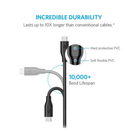 كابل ميكرو يو إس بي من أنكر باور لاين بطول 3 قدم للشحن ونقل البيانات
