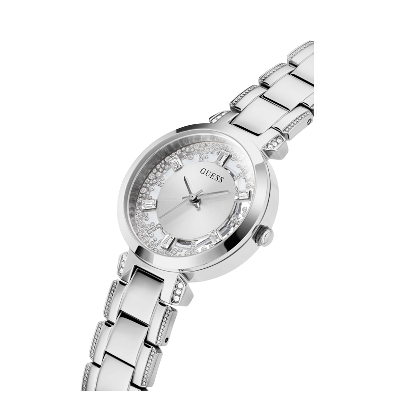 Guess Ladies’ Silver Tone Watch with Polished Case and Stainless Steel Band
