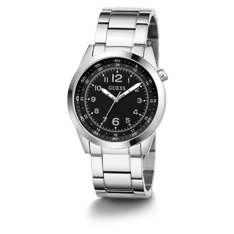 Guess Men's Round Silver-Tone Stainless Steel Bracelet Watch