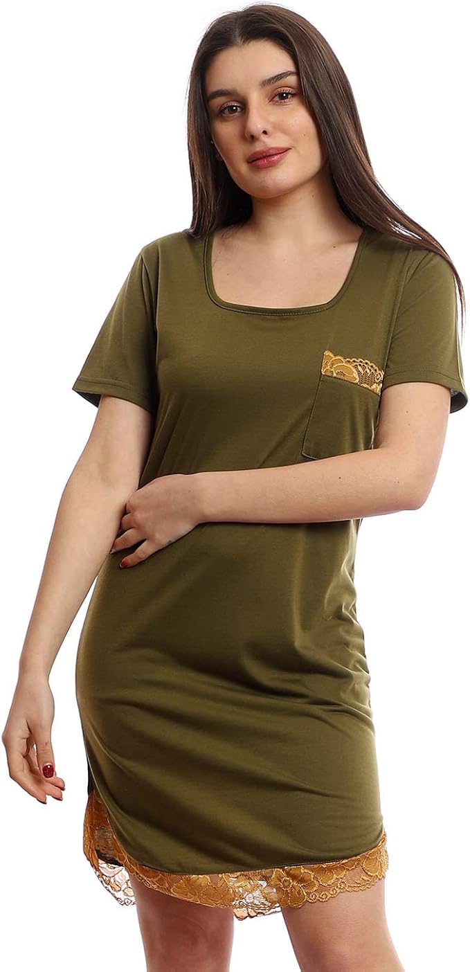 offcliff Women Deep Round Neck Comfy Sleepshirt With Lace Detailing NIGHTGOWN_NIGHTSHIRT