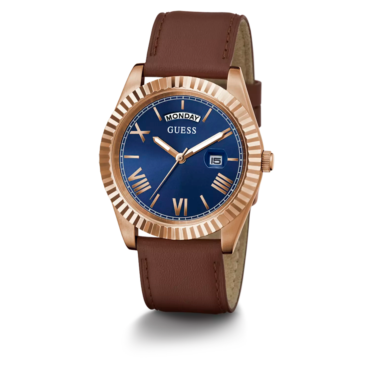 Guess Men’s Watch – Rose Gold Tone Case, Round Shape, Genuine Leather Strap