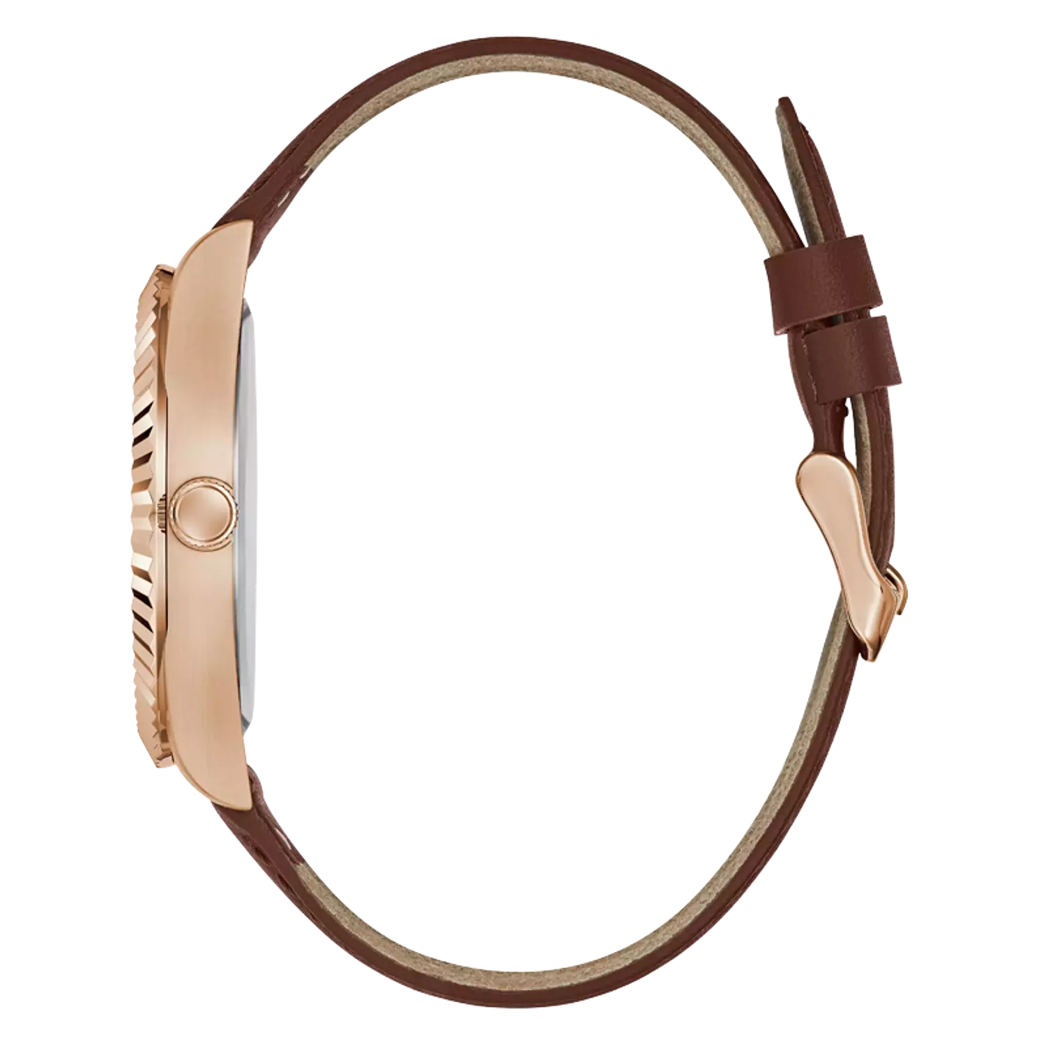 Guess Men’s Watch – Rose Gold Tone Case, Round Shape, Genuine Leather Strap