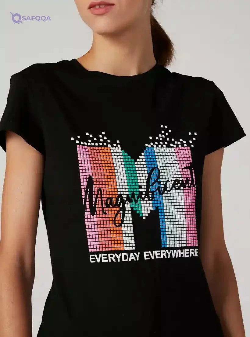 Sustainable Printed T-shirt with Round Neck and Cap Sleeves - Safqqa Egypt