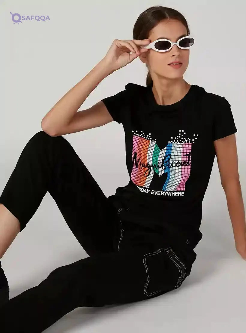 Sustainable Printed T-shirt with Round Neck and Cap Sleeves - Safqqa Egypt