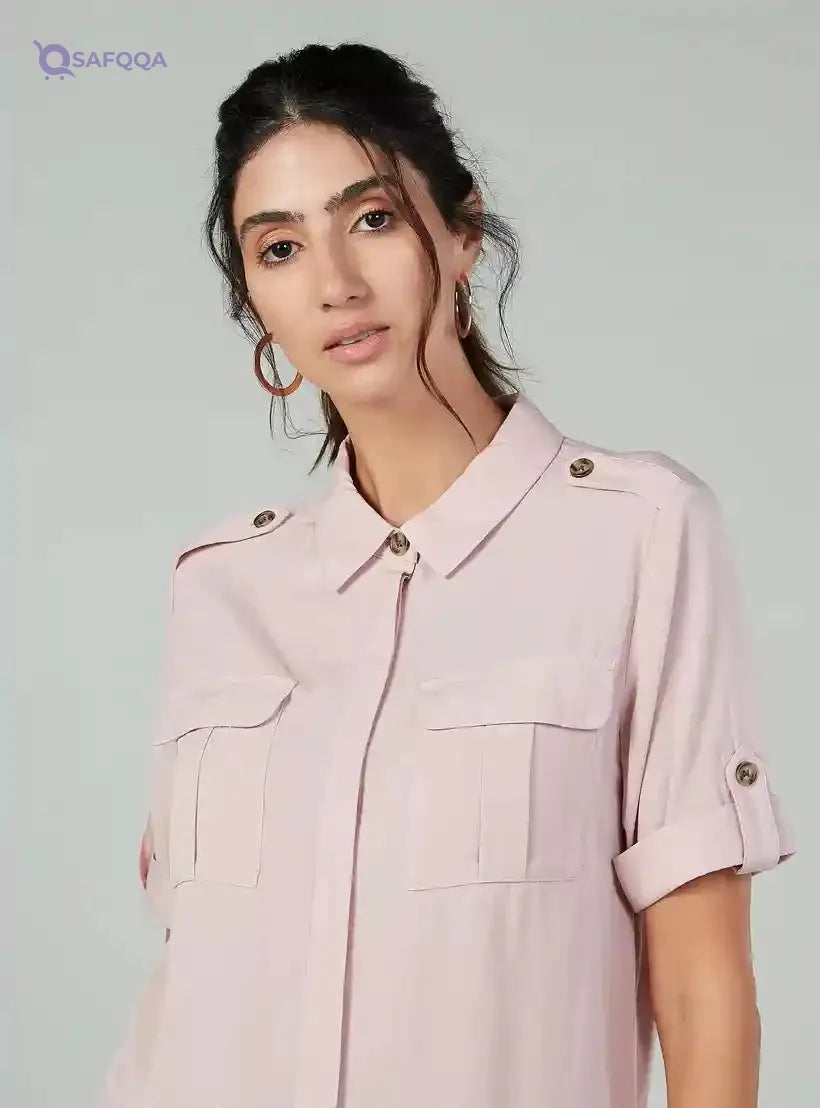 Textured Shirt with Spread Collar and Short Sleeves - Safqqa Egypt
