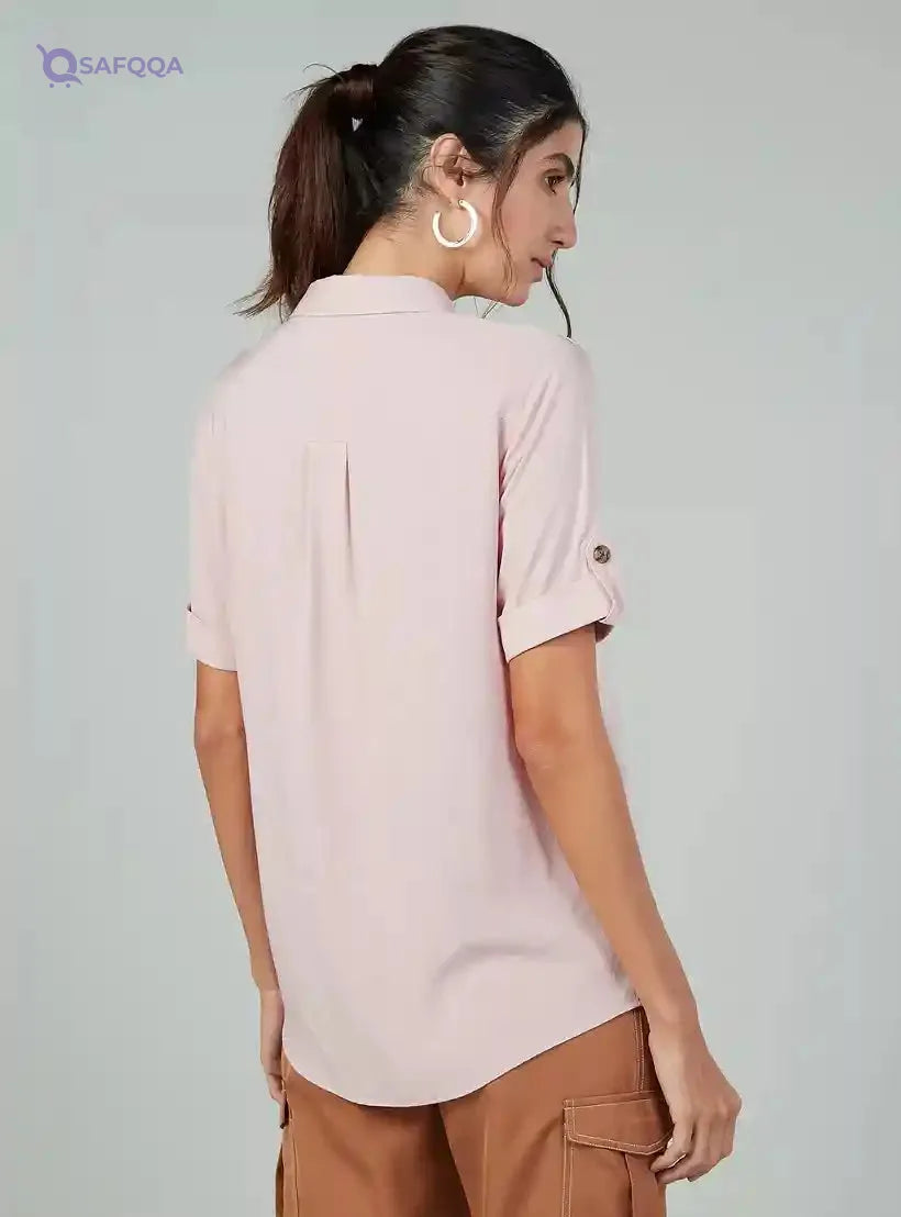 Textured Shirt with Spread Collar and Short Sleeves - Safqqa Egypt
