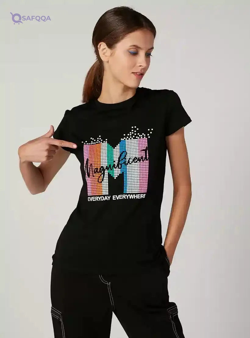Sustainable Printed T-shirt with Round Neck and Cap Sleeves - Safqqa Egypt