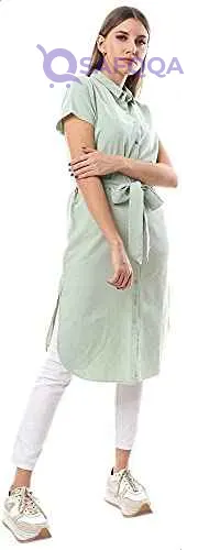 Ravin Waist-Tie Short Sleeves Striped Longline Shirt for women - Safqqa Egypt