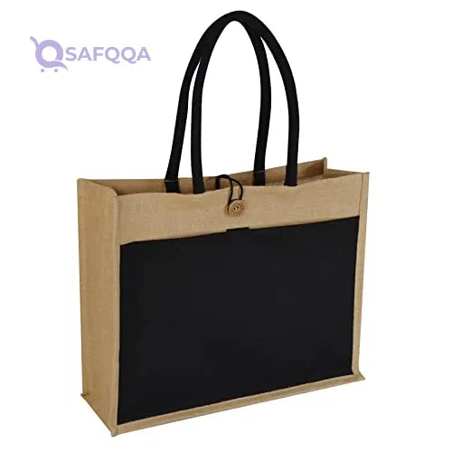 Jute Tote Bag with Canvas Pocket – Reusable Shopping Bag - Safqqa