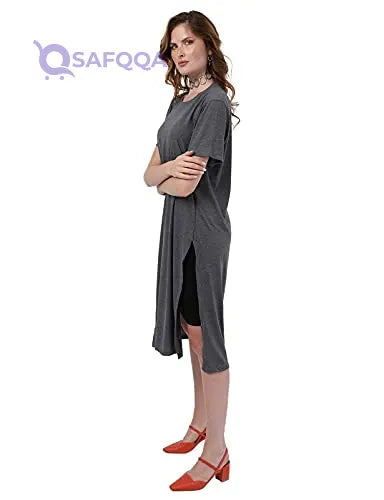 Jamila Cotton Round-Neck Short-Sleeve Side-Slits Longline Top For Women,Soft, breathable cotton for comfort throughout the day. - Safqqa