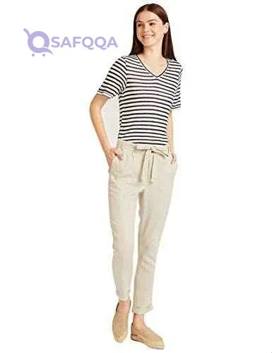 Splash Striped V-Neck Short Sleeves T-Shirt for Women - Beige and Navy, 12 - Safqqa Egypt