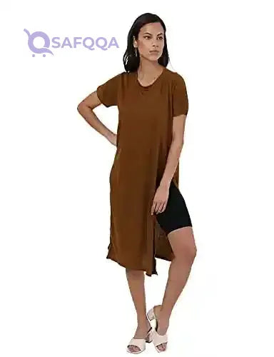 Jamila Cotton Round-Neck Short-Sleeve Side-Slits Longline Top For Women L - Safqqa Egypt