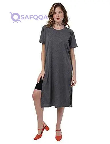Jamila Cotton Round-Neck Short-Sleeve Side-Slits Longline Top For Women - Safqqa Egypt