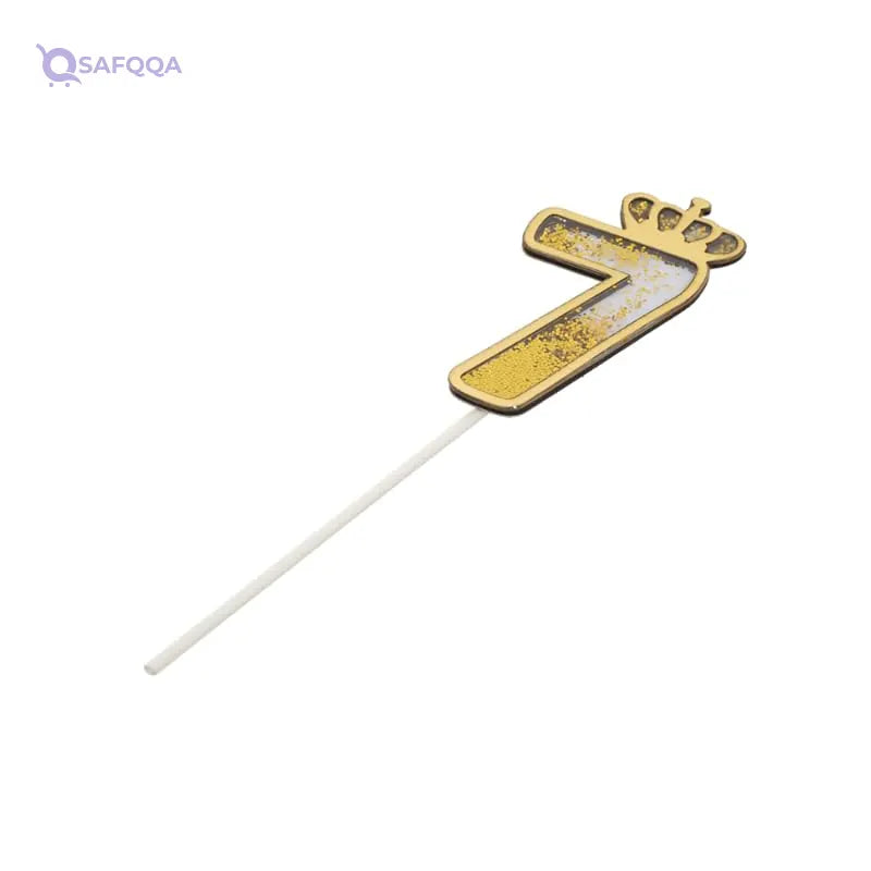 Wooden Celebration Topper Designed With Number Seven Shaped And Long Holder Stick Glitter Design Specially Made For Birthday Cake Decoration - Gold - Safqqa