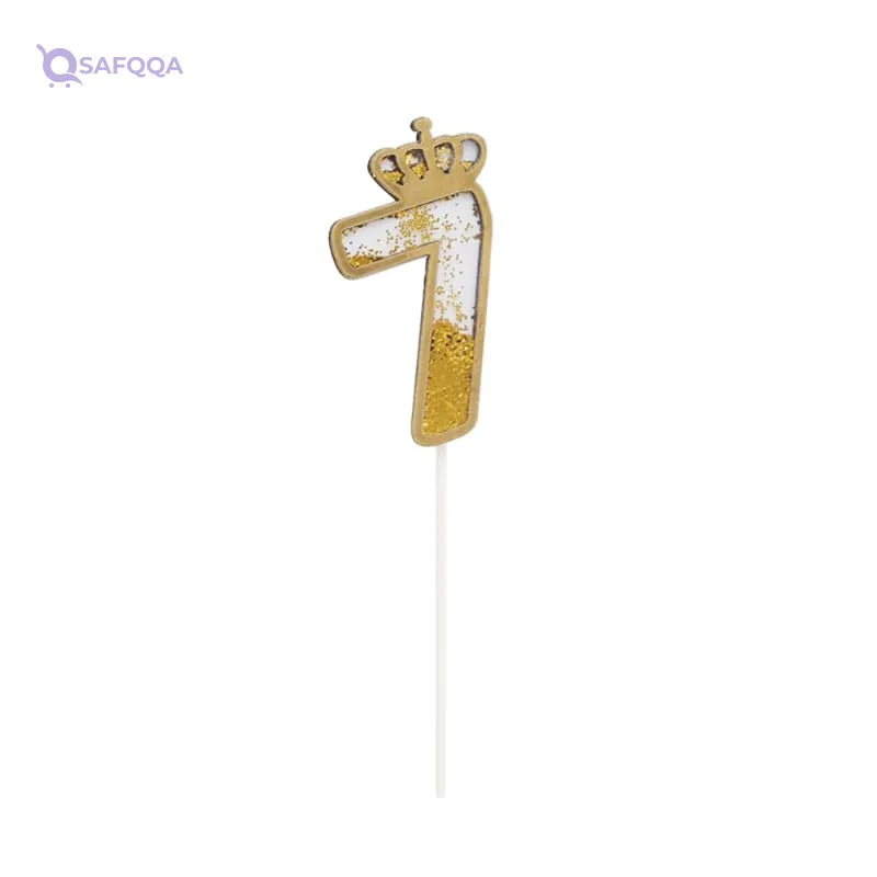 Wooden Celebration Topper Designed With Number Seven Shaped And Long Holder Stick Glitter Design Specially Made For Birthday Cake Decoration - Gold - Safqqa