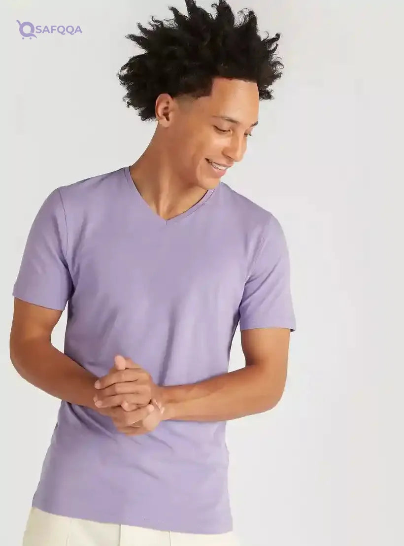 Solid V-neck T-shirt with Short Sleeves - Safqqa Egypt