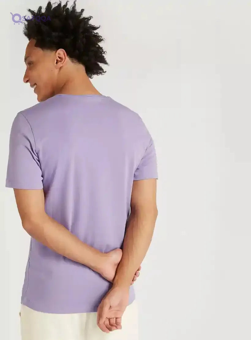 Solid V-neck T-shirt with Short Sleeves - Safqqa Egypt