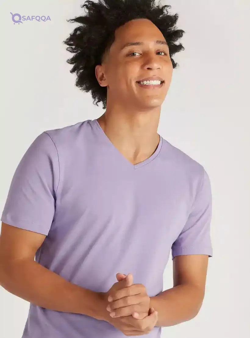 Solid V-neck T-shirt with Short Sleeves - Safqqa Egypt