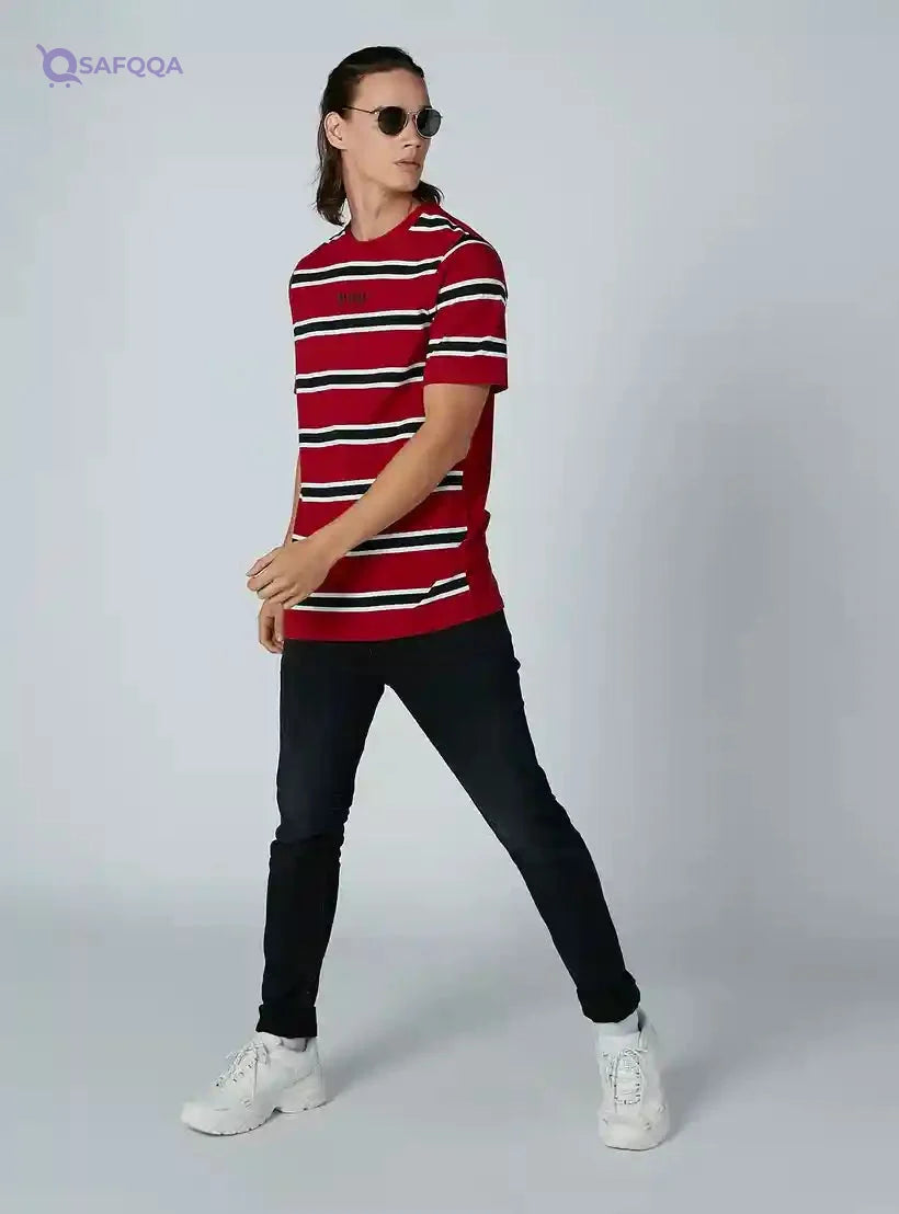 Striped T-Shirt with Round Neck and Short Sleeves - Safqqa Egypt
