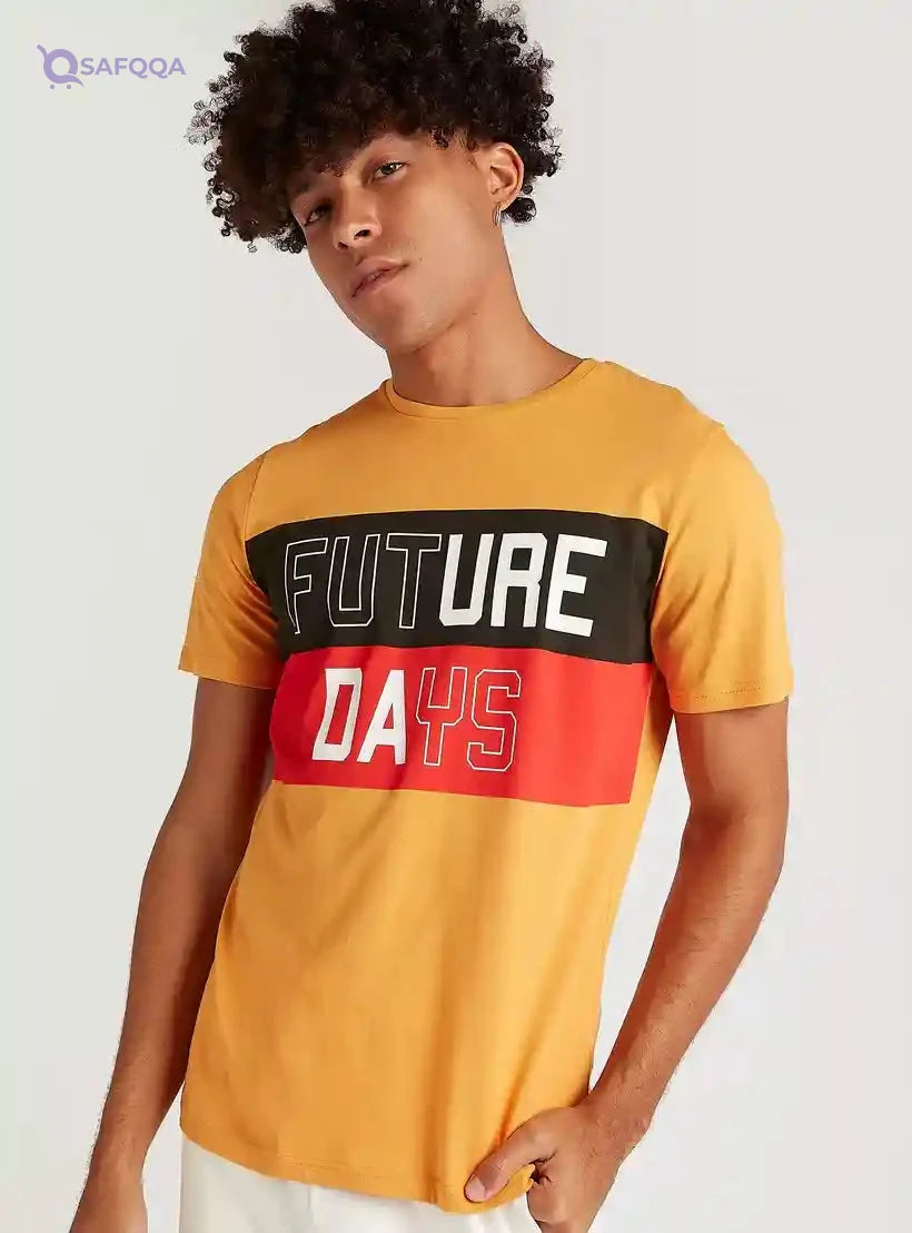 Typographic Print T-shirt with Short Sleeves and Crew Neck - Safqqa Egypt