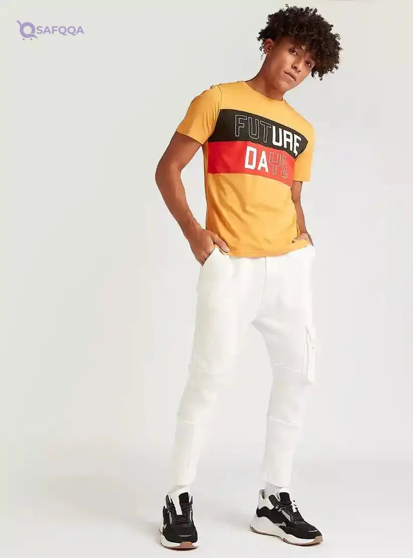 Typographic Print T-shirt with Short Sleeves and Crew Neck - Safqqa Egypt