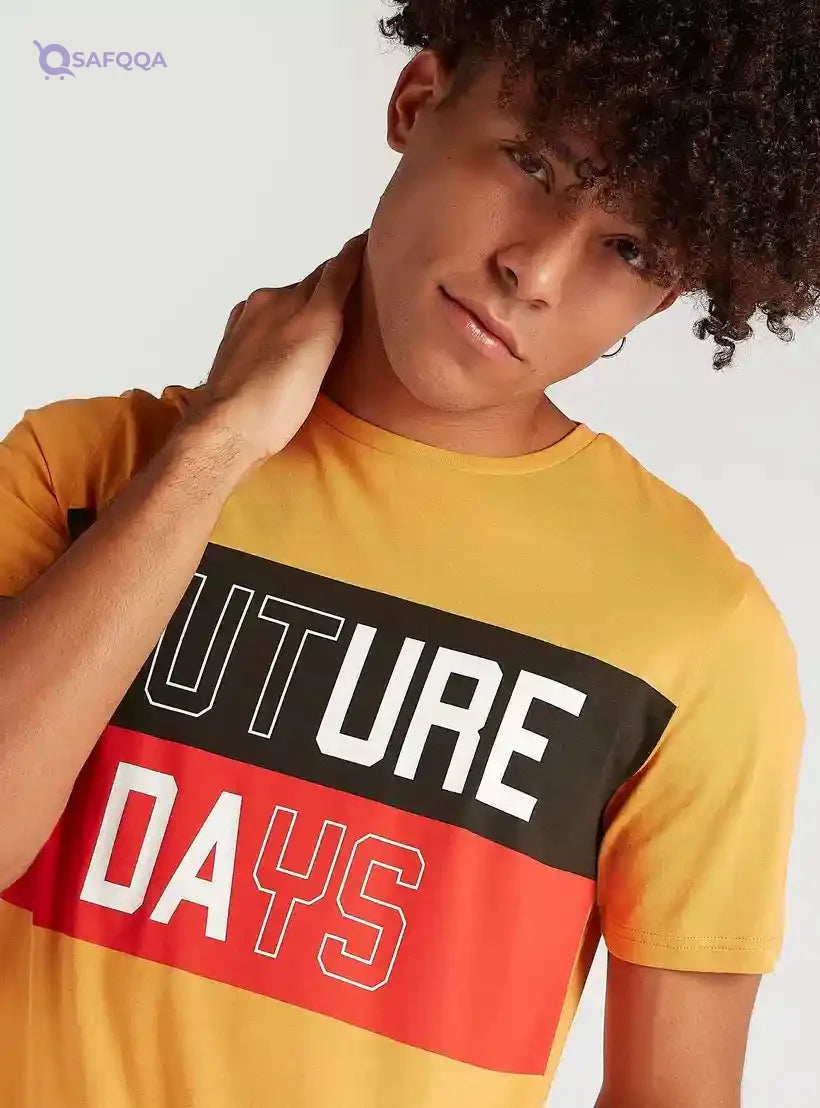 Typographic Print T-shirt with Short Sleeves and Crew Neck - Safqqa Egypt