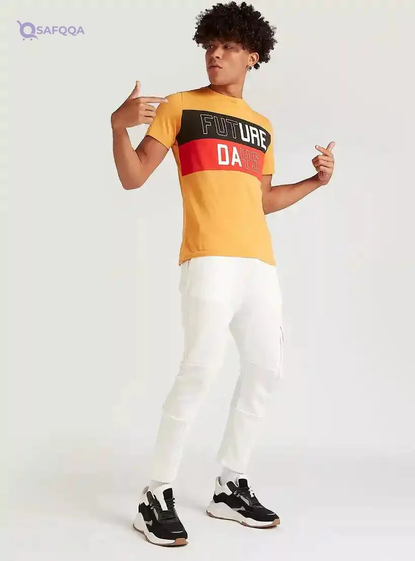 Typographic Print T-shirt with Short Sleeves and Crew Neck - Safqqa Egypt