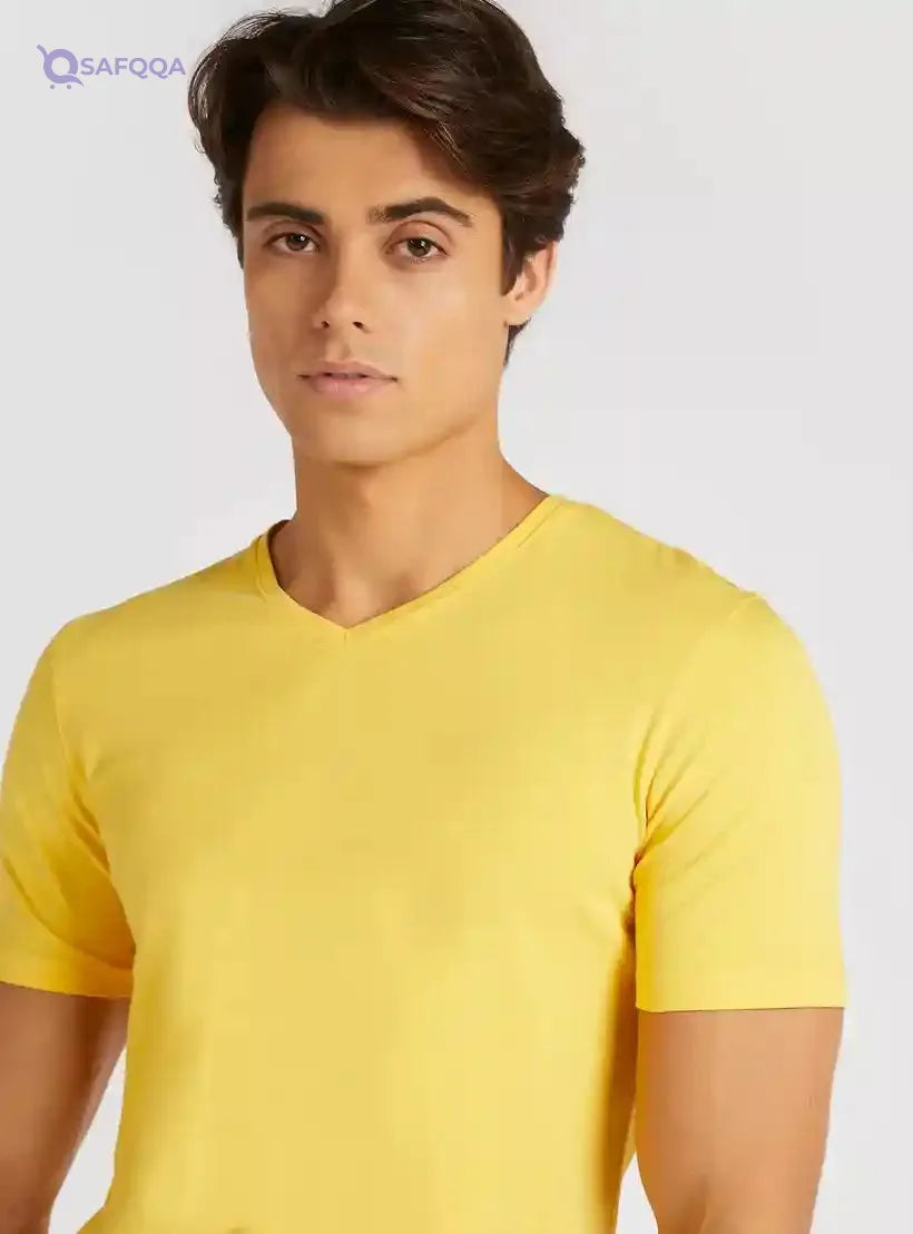 Solid V-neck Slim Fit T-shirt with Short Sleeves - Safqqa Egypt