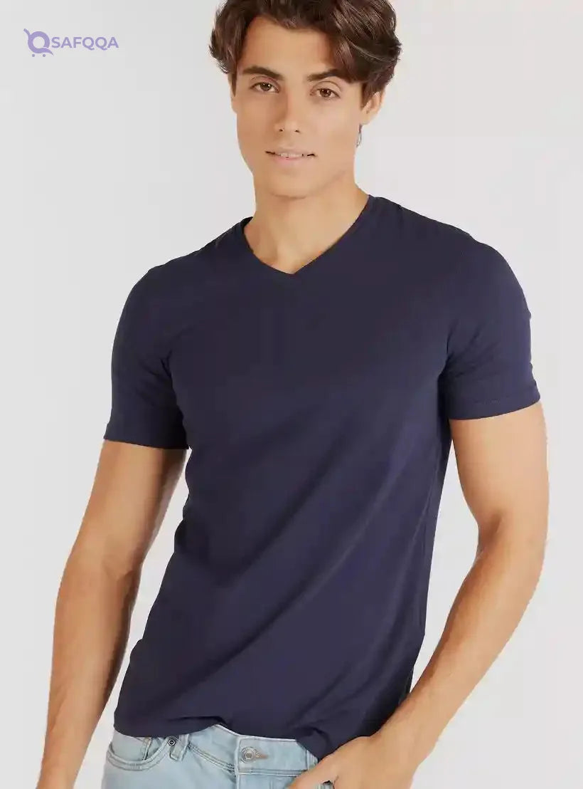 Solid V-neck Slim Fit T-shirt with Short Sleeves - Safqqa Egypt