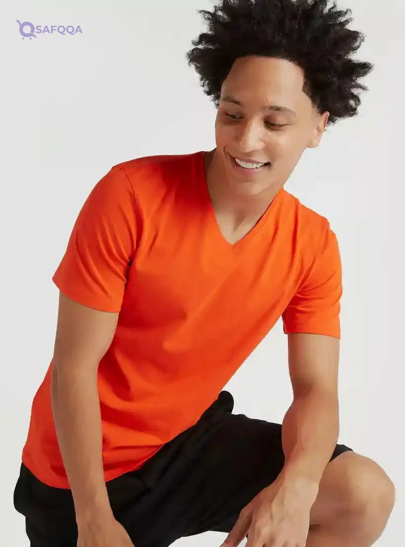Solid V-neck T-shirt with Short Sleeves - Safqqa Egypt