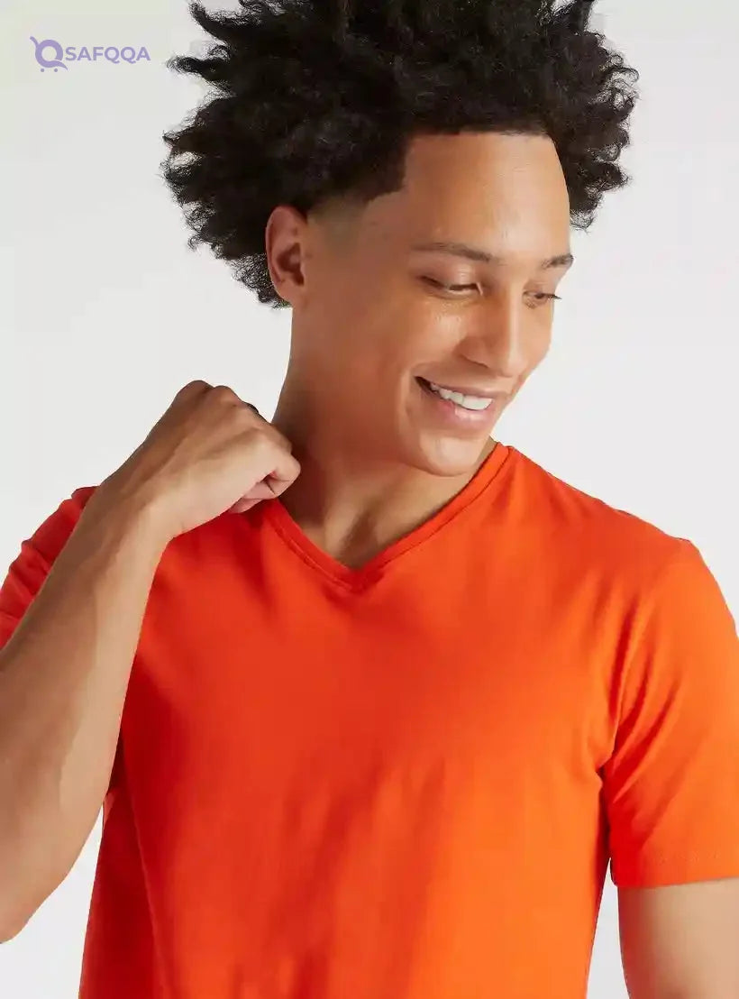 Solid V-neck T-shirt with Short Sleeves - Safqqa Egypt